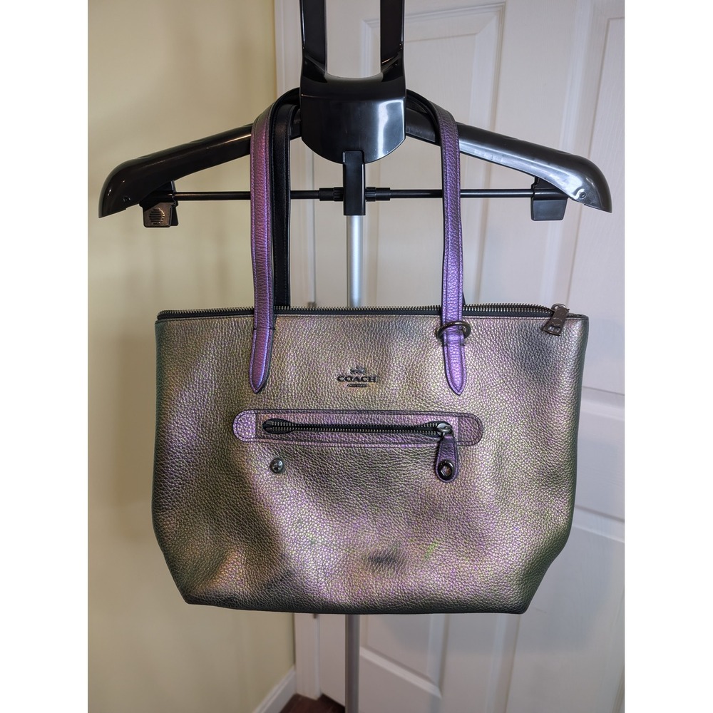 Coach Taylor Tote Oil Slick‎ Large Iridescent Purple Green Pebbled Leather Zip